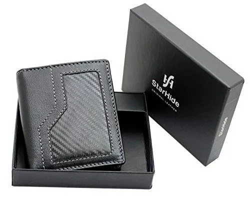 StarHide Men's Real Leather & Carbon Fiber Slim Wallet Comes With A Gift Box - 1175