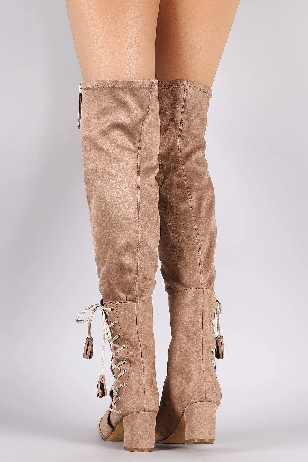 Suede Zipper Corset Lace Up Block Heeled Over-The-Knee Boots