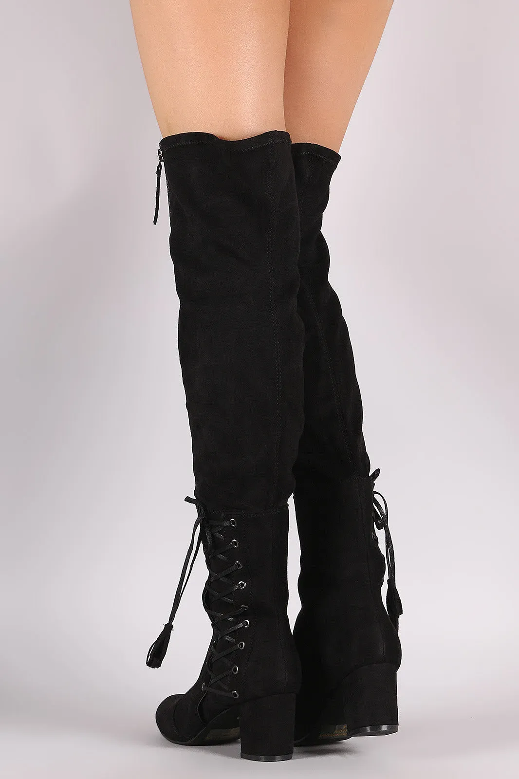 Suede Zipper Corset Lace Up Block Heeled Over-The-Knee Boots