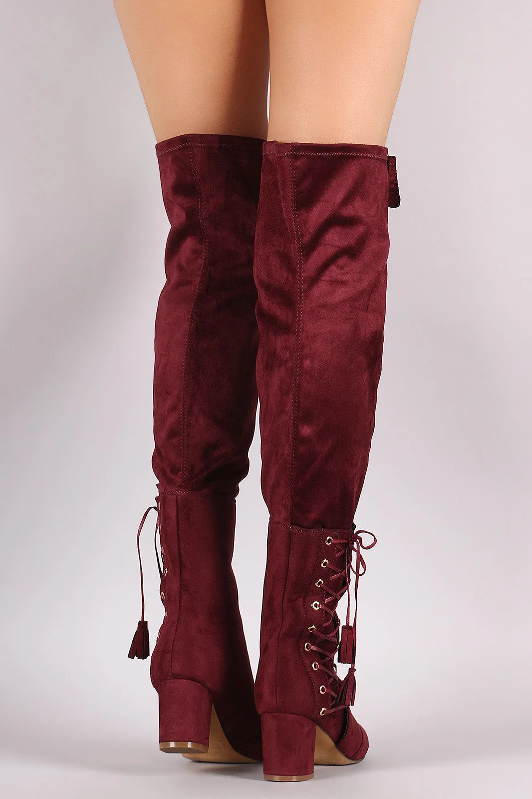 Suede Zipper Corset Lace Up Block Heeled Over-The-Knee Boots