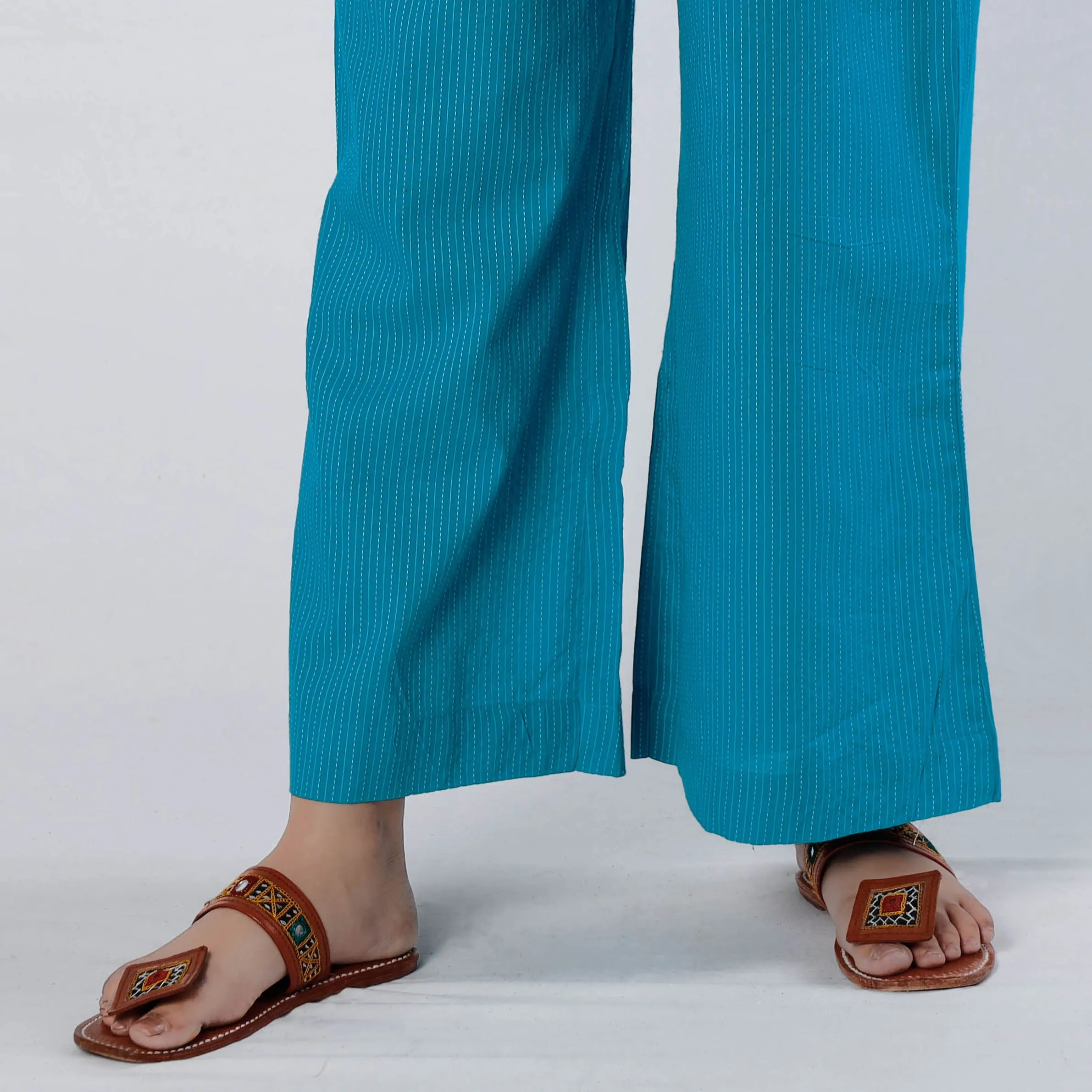 Turquoise Blue - Running Stitch Cotton Palazzo by iTokri Casuals