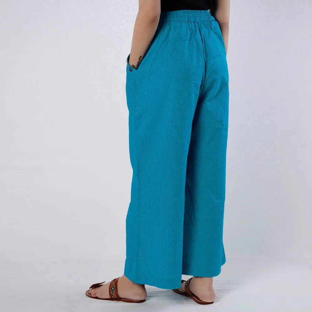 Turquoise Blue - Running Stitch Cotton Palazzo by iTokri Casuals