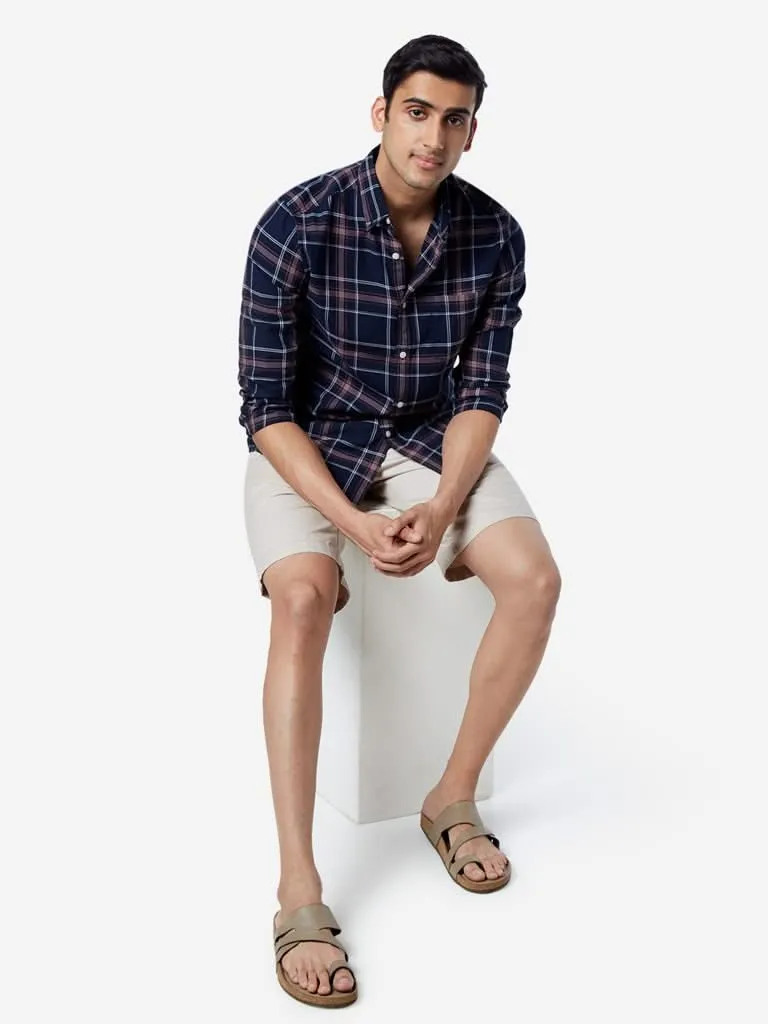 WES Casuals Navy Slim-Fit Checked Shirt
