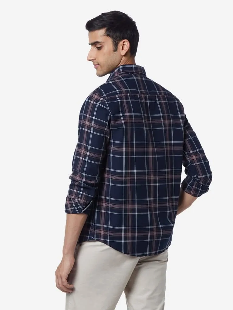 WES Casuals Navy Slim-Fit Checked Shirt