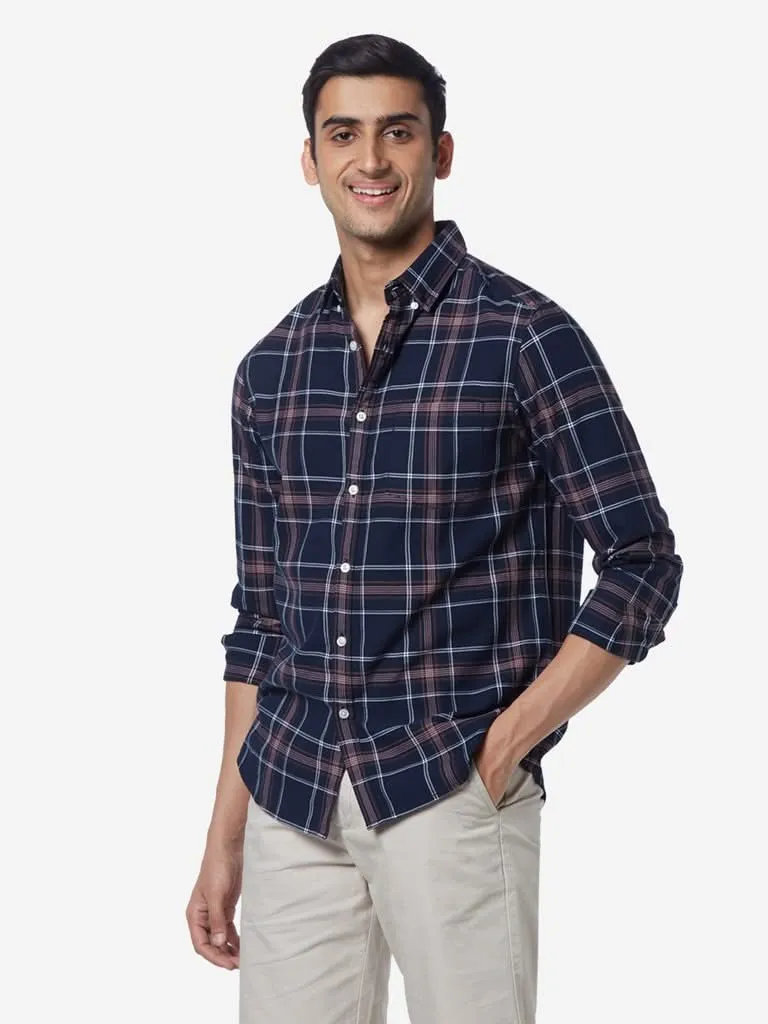 WES Casuals Navy Slim-Fit Checked Shirt