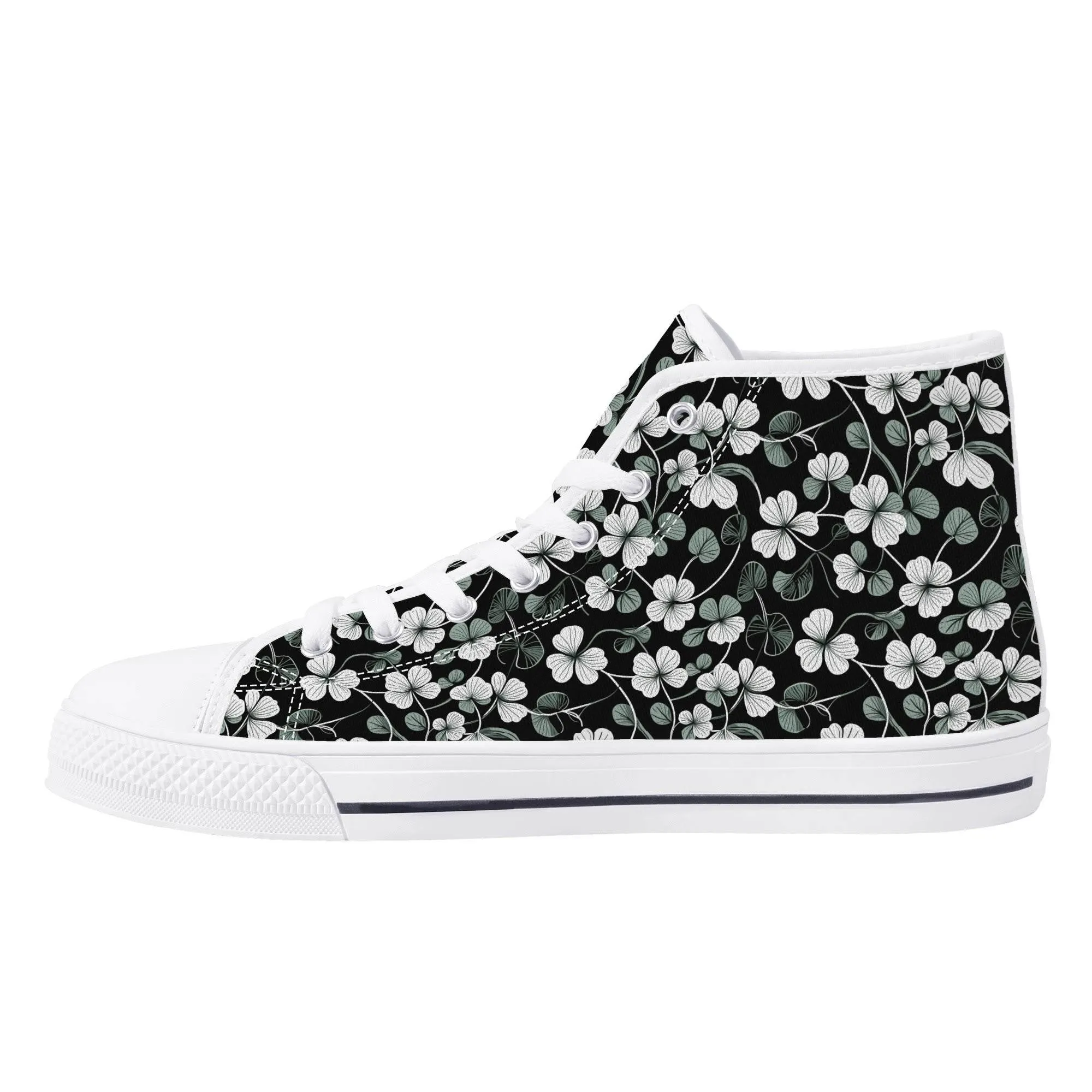 White and Green Clover Mens High Top Canvas Shoes