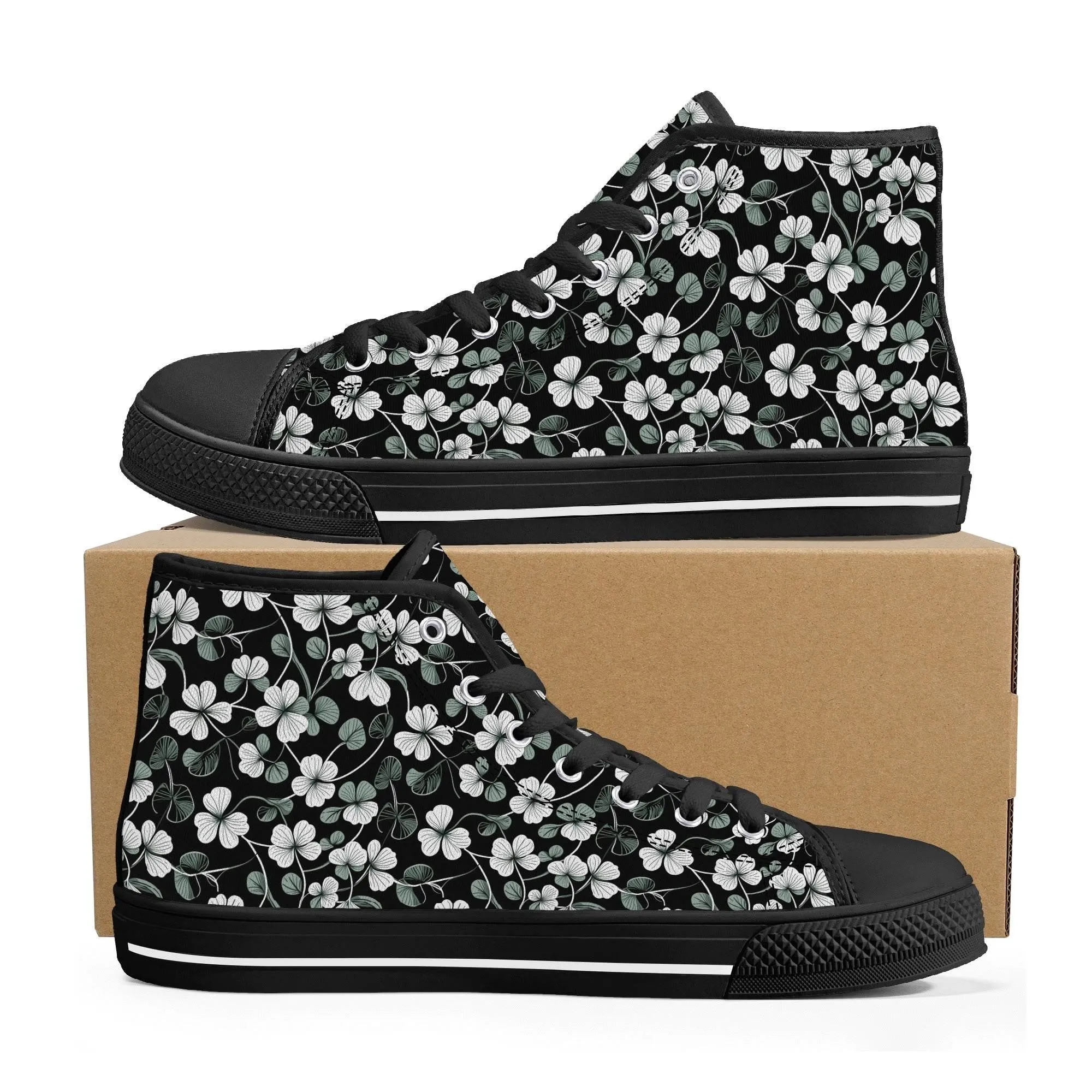 White and Green Clover Mens High Top Canvas Shoes