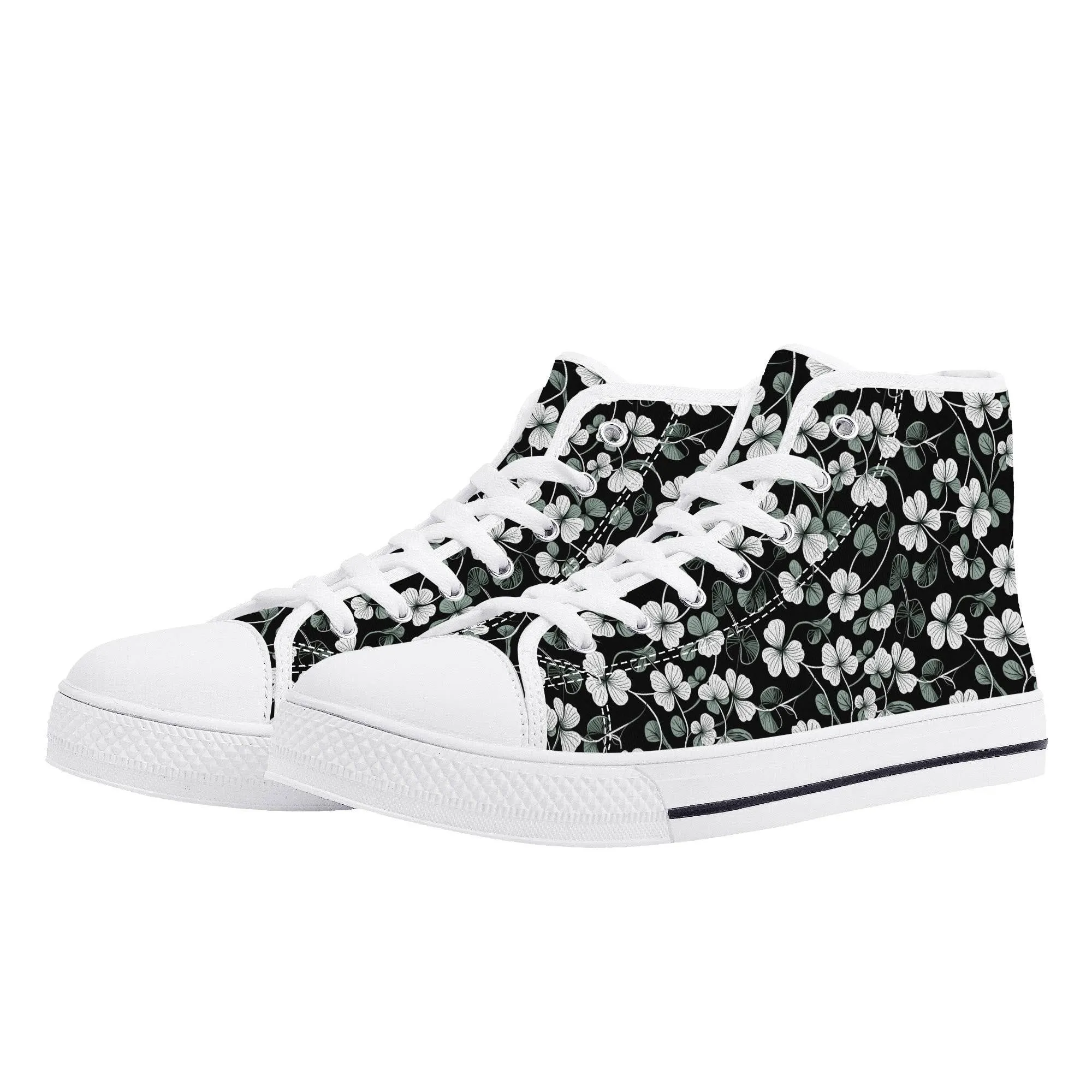 White and Green Clover Mens High Top Canvas Shoes