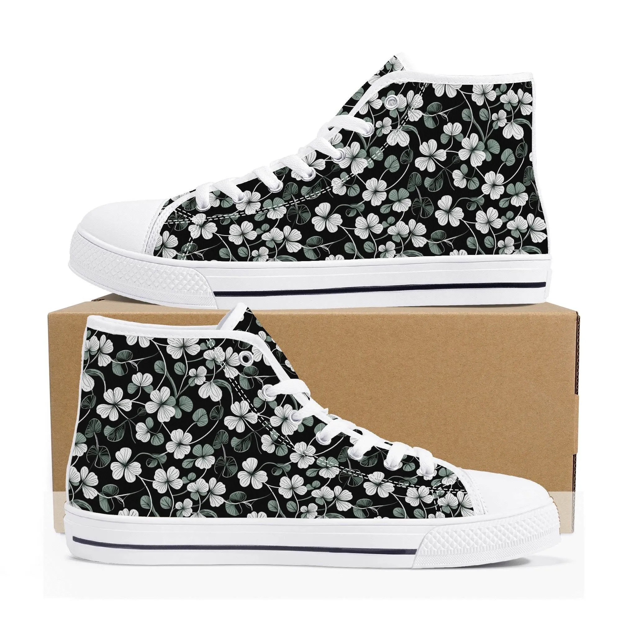 White and Green Clover Mens High Top Canvas Shoes