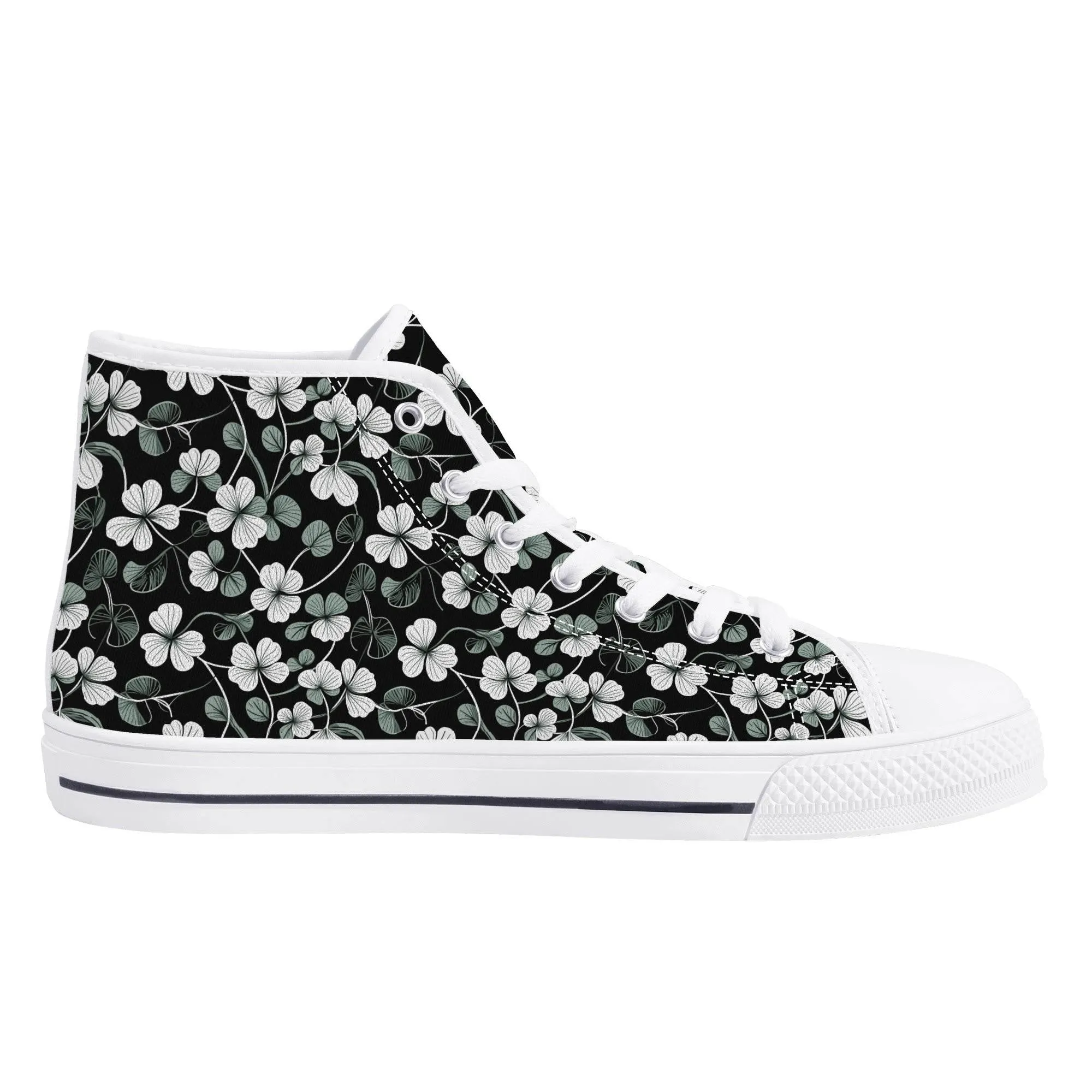 White and Green Clover Mens High Top Canvas Shoes