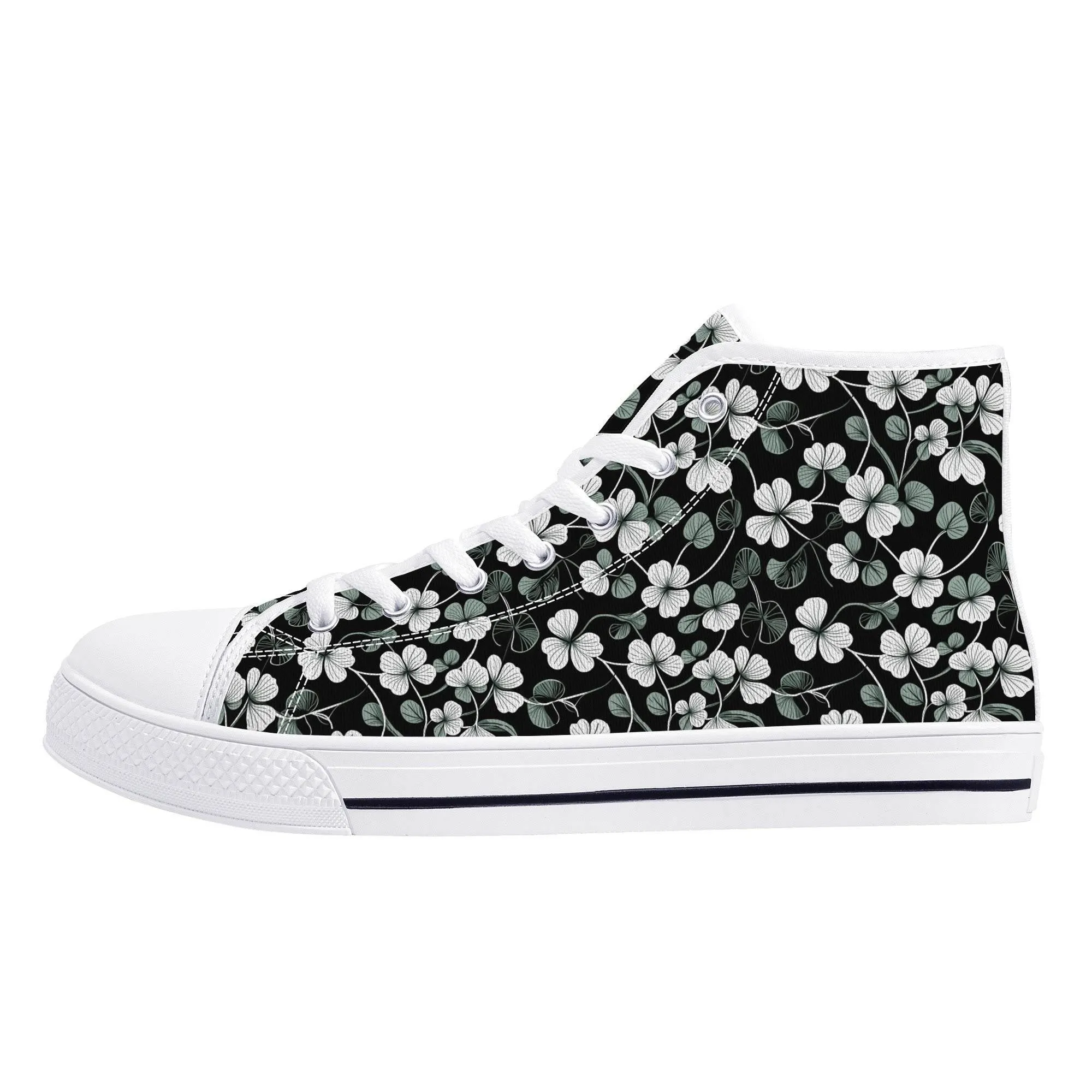 White and Green Clover Mens High Top Canvas Shoes