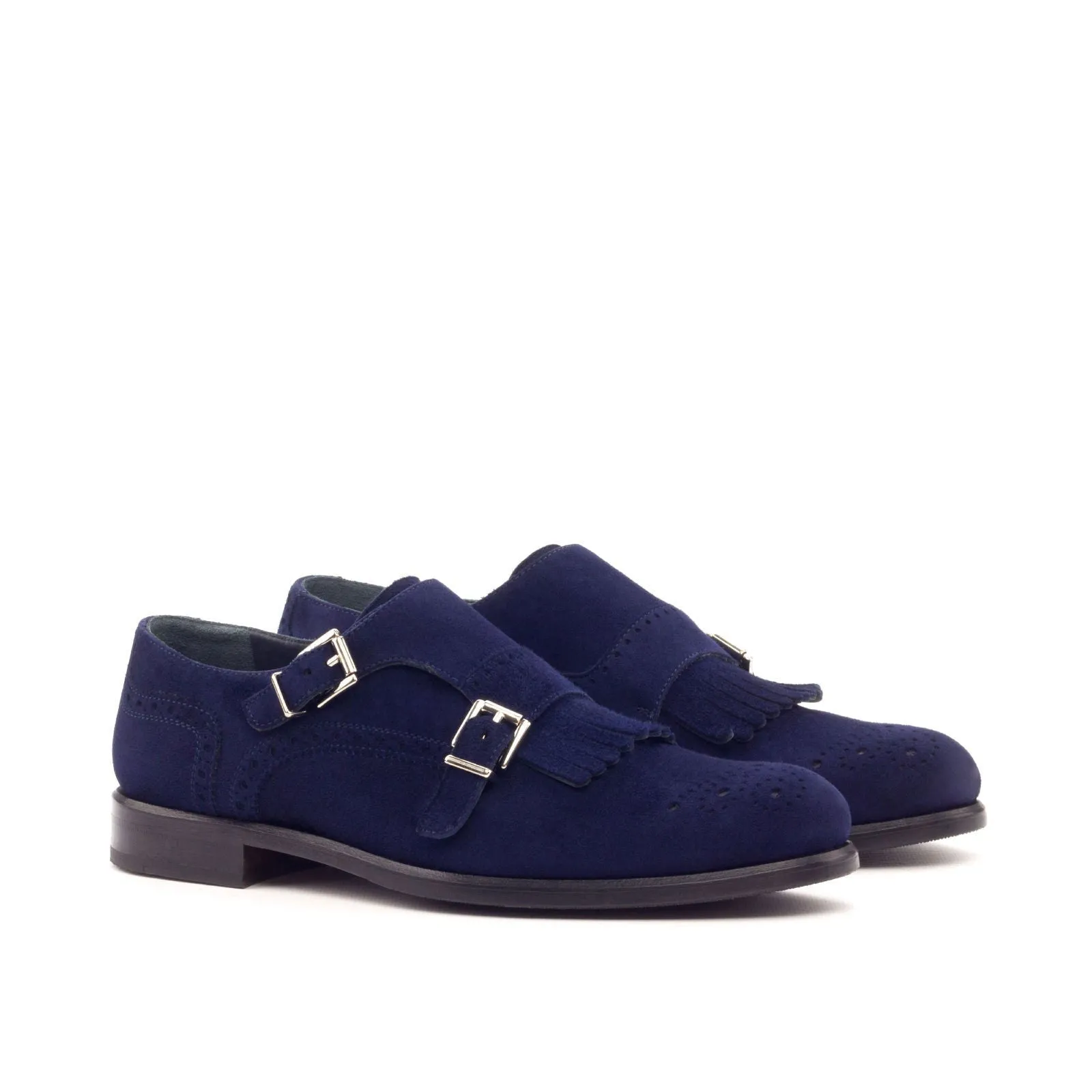 Women's Kiltie Monk Strap Leather Shoes Blue 3075