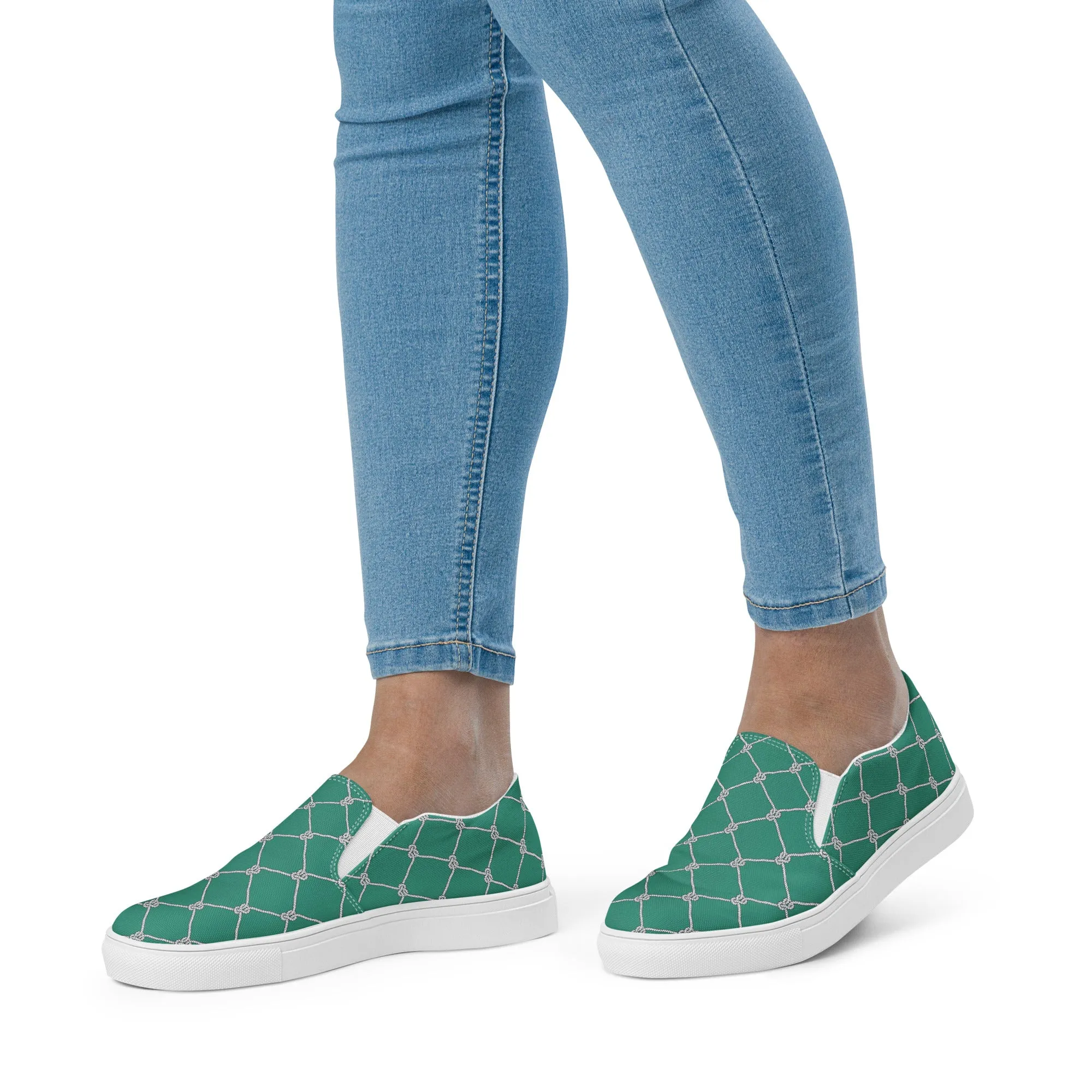 Women’s Teal with Fishnet Design slip-on canvas shoes, Cruising Shoes, Summer Fashion Shoes