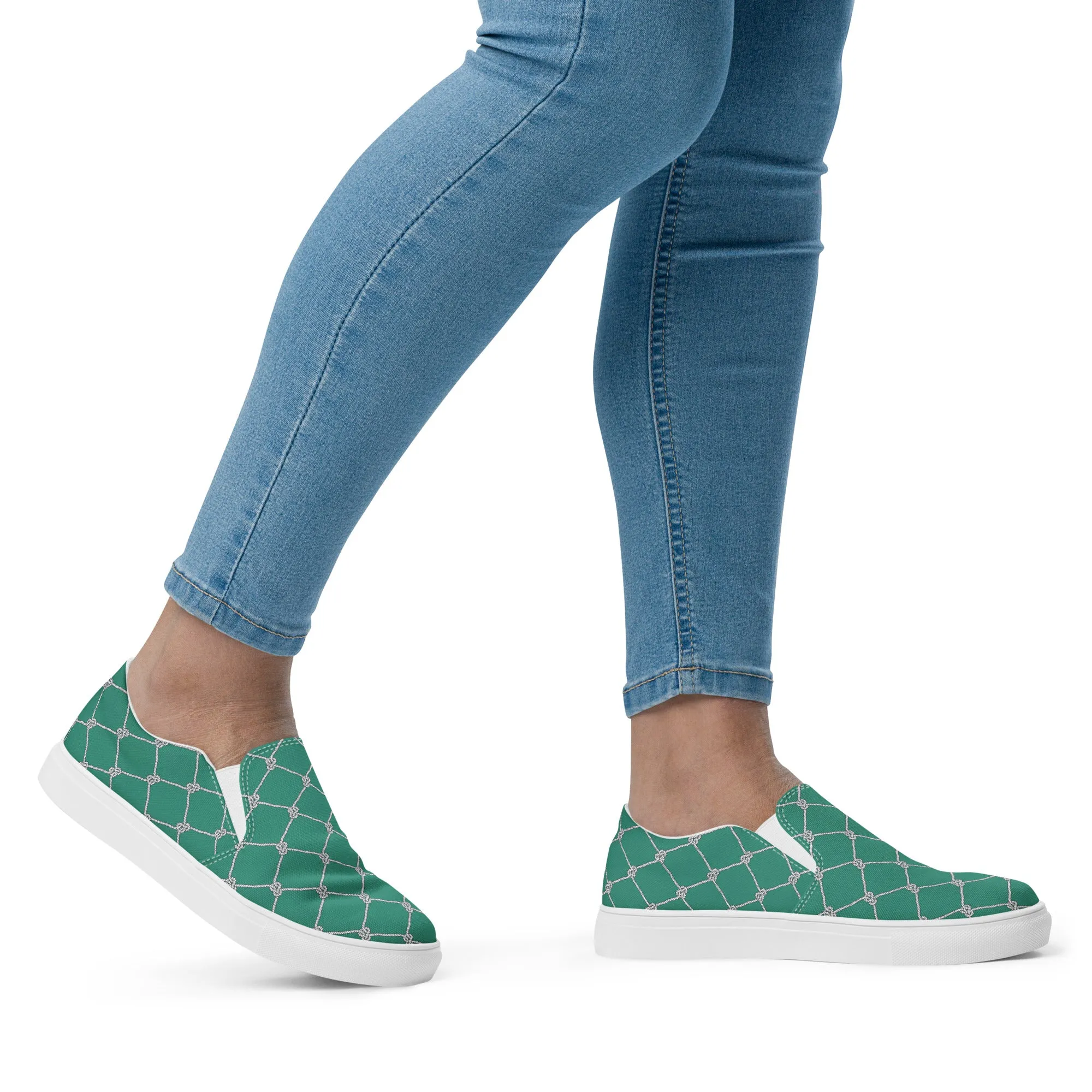 Women’s Teal with Fishnet Design slip-on canvas shoes, Cruising Shoes, Summer Fashion Shoes