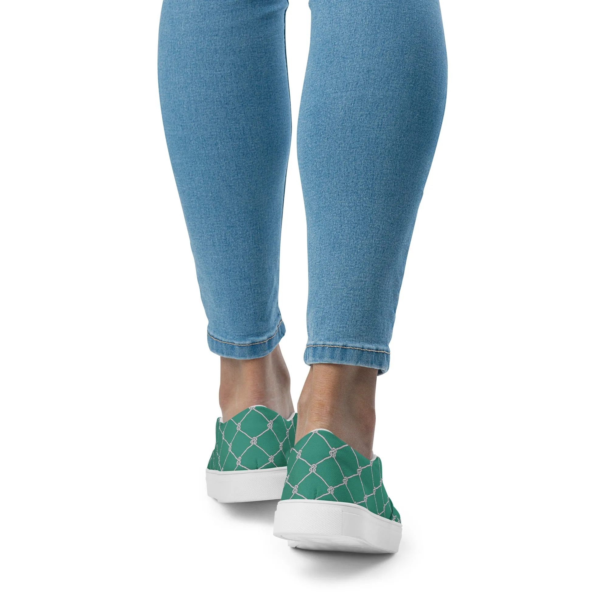 Women’s Teal with Fishnet Design slip-on canvas shoes, Cruising Shoes, Summer Fashion Shoes