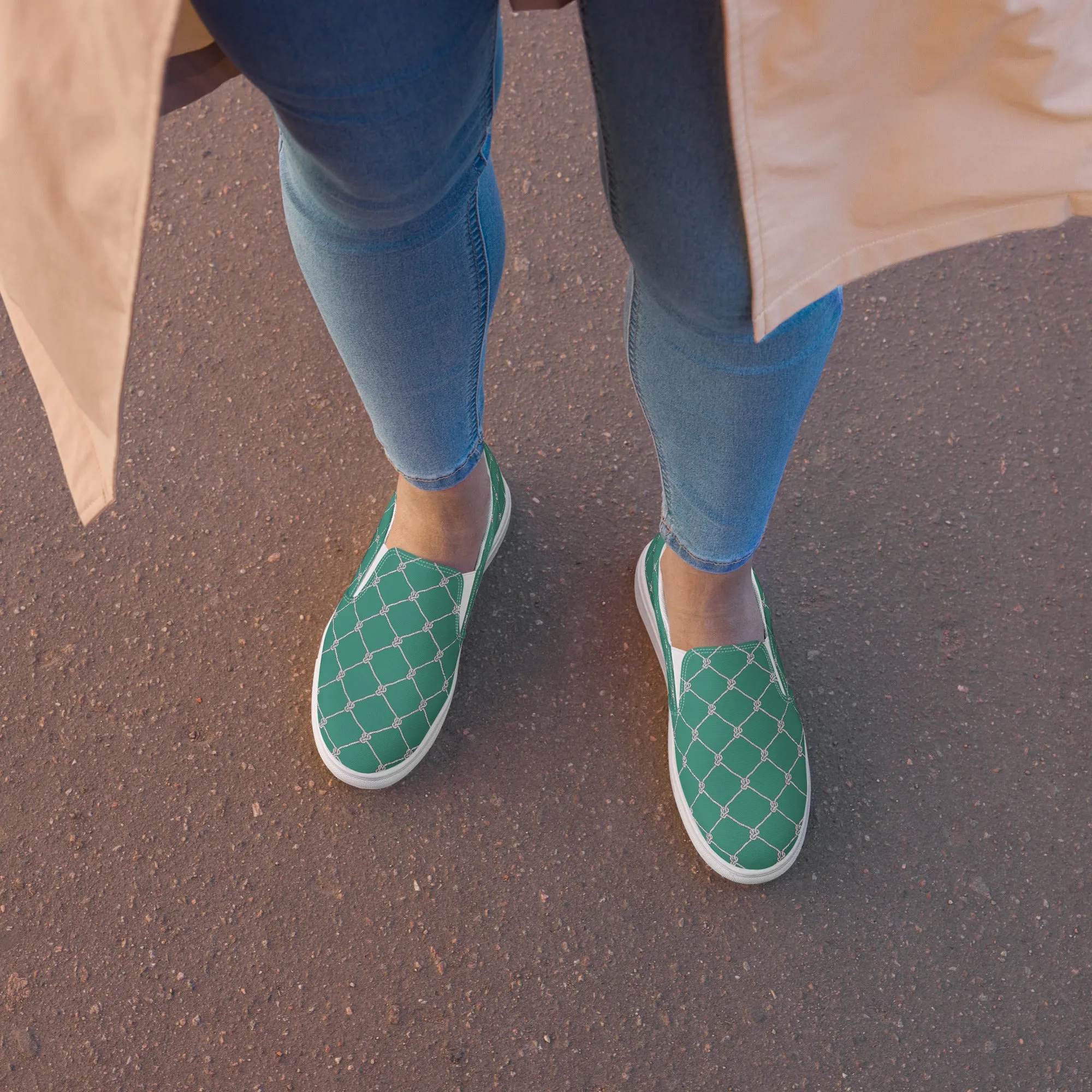 Women’s Teal with Fishnet Design slip-on canvas shoes, Cruising Shoes, Summer Fashion Shoes