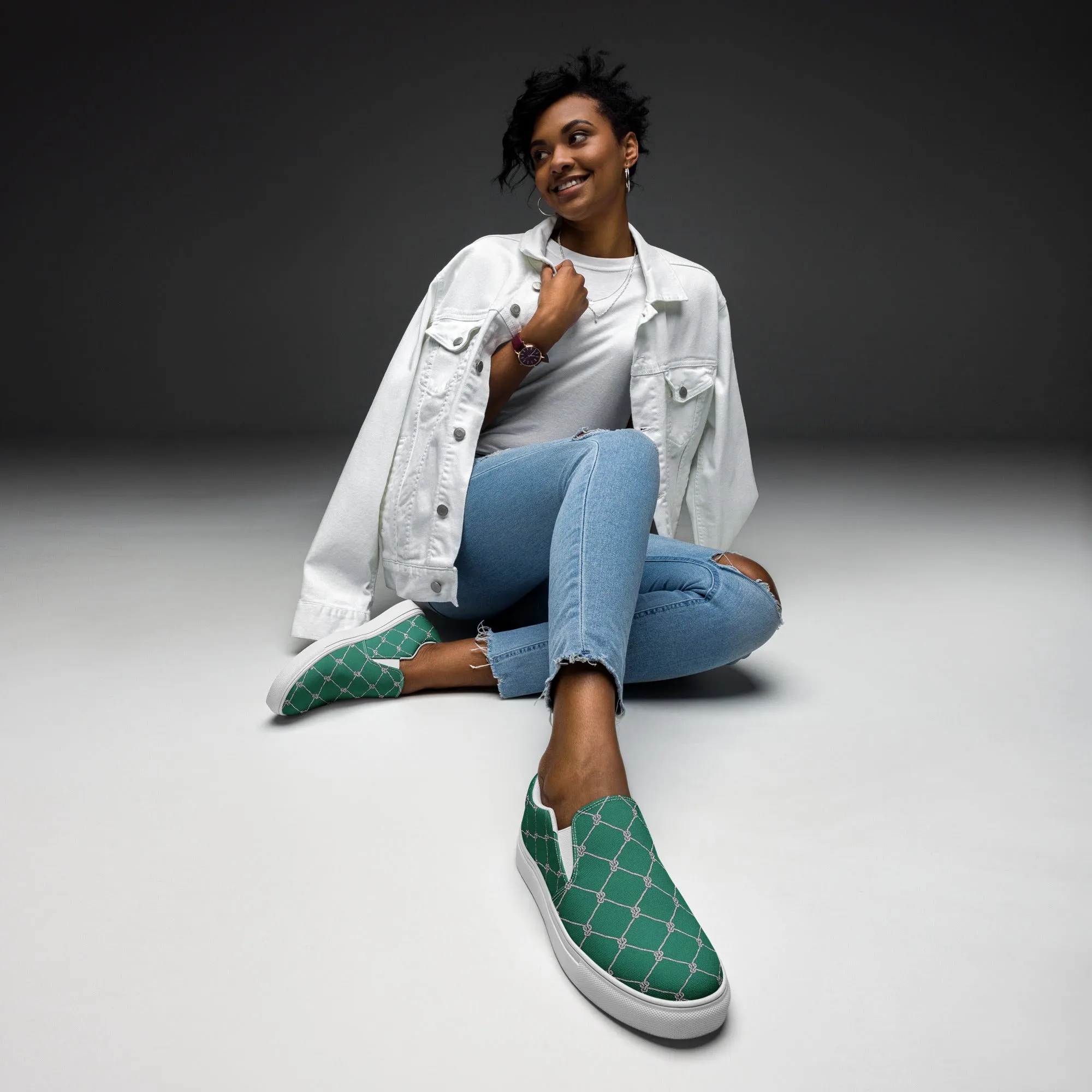 Women’s Teal with Fishnet Design slip-on canvas shoes, Cruising Shoes, Summer Fashion Shoes