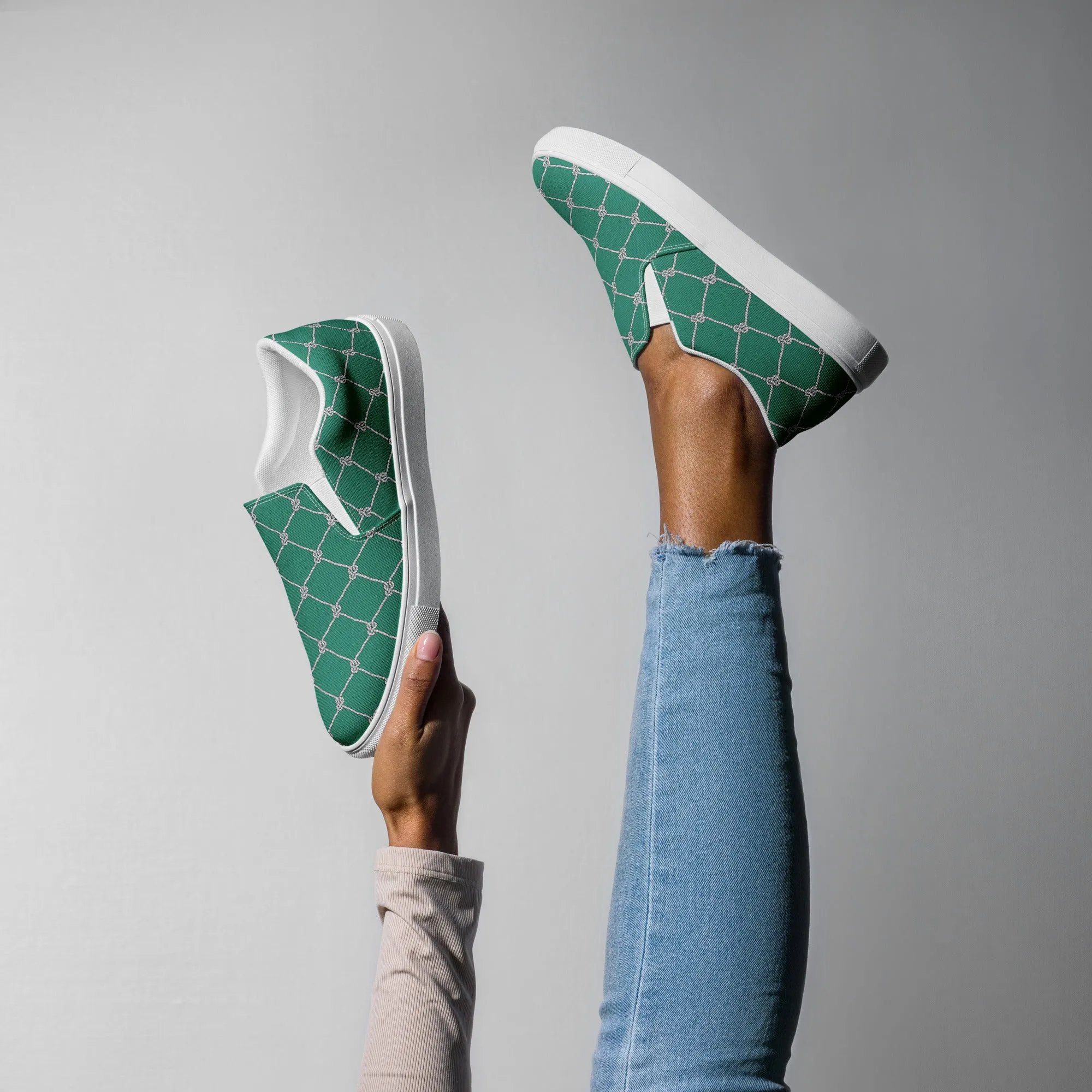 Women’s Teal with Fishnet Design slip-on canvas shoes, Cruising Shoes, Summer Fashion Shoes