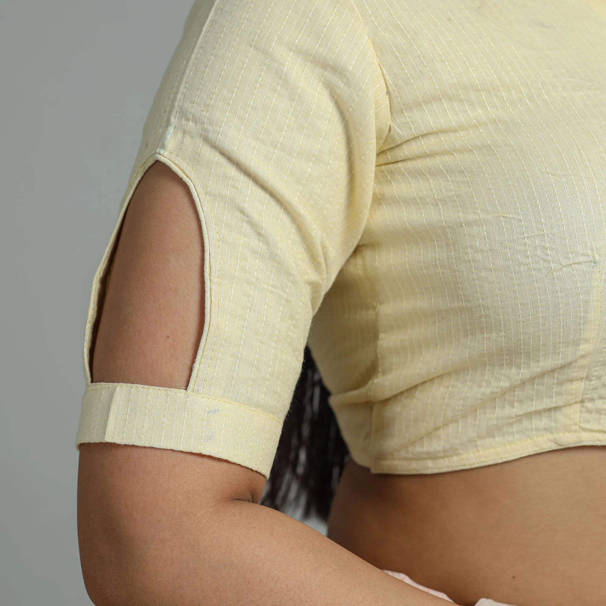 Yellow - Plain Running Stitch Cotton Blouse 36