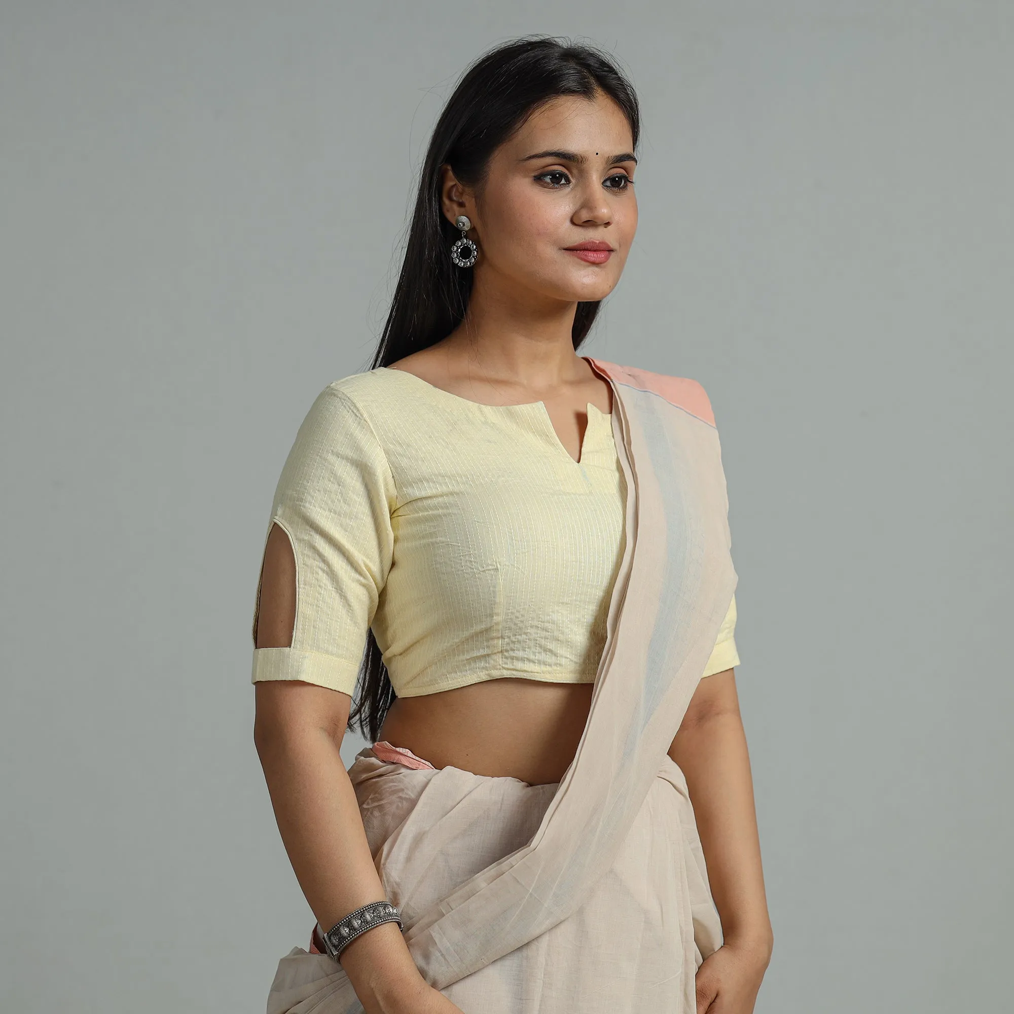 Yellow - Plain Running Stitch Cotton Blouse 36