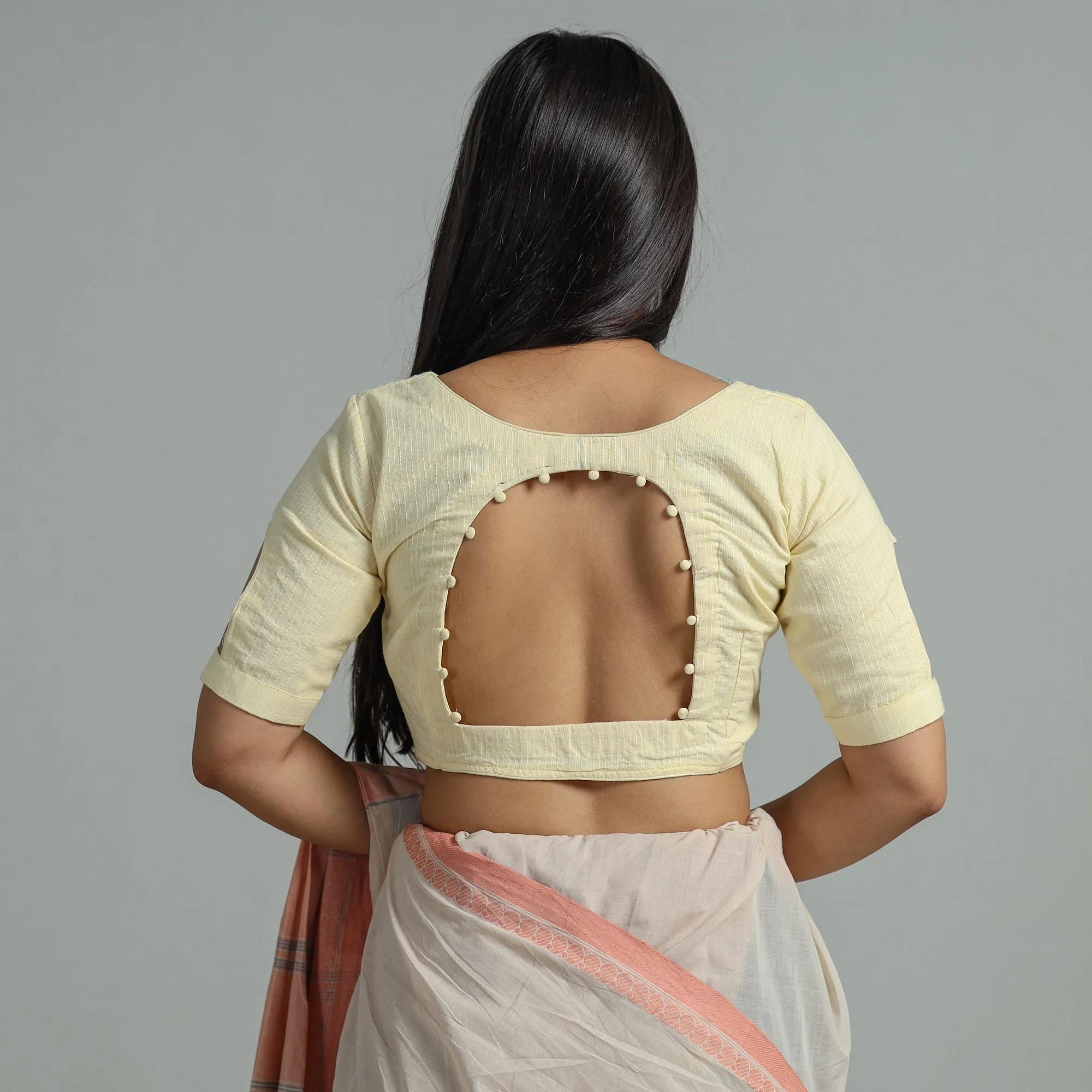 Yellow - Plain Running Stitch Cotton Blouse 36